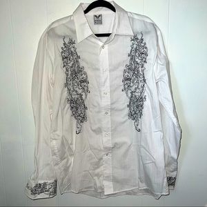 White Mens Embroidered Long Sleeve Button-Up, Size XL